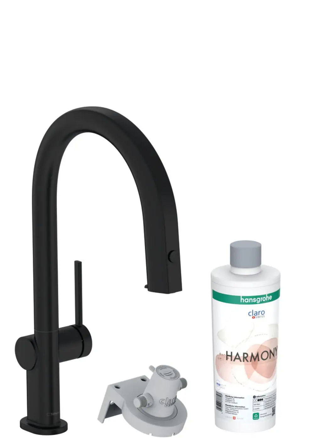 Schwarzer Wasserhahn mit Ausziehauslauf und einem seitlichen Hebel. Dazu ein graues Zubehörteil und eine Flasche Hansgrohe Pflegeprodukt.